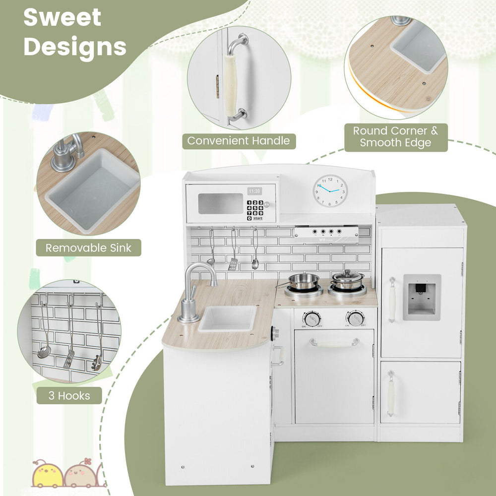 Kids kitchen playset with stove, sink, and refrigerator in white, designed for realistic cooking and easy storage.
