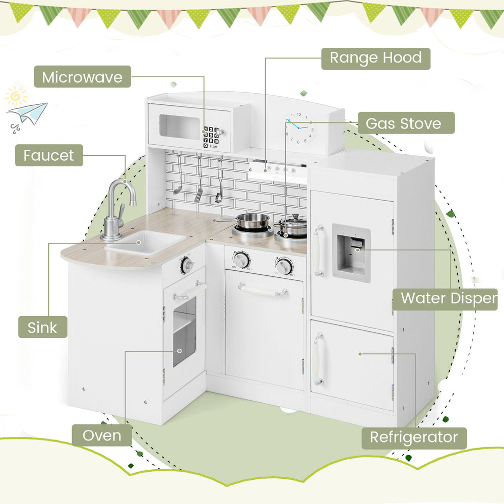 Kids kitchen playset featuring a white L-shaped design with stove, sink, refrigerator, and realistic water dispenser.