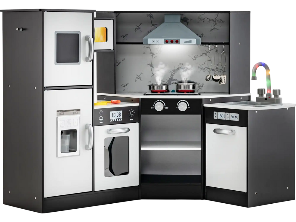 Kids Corner Pretend Kitchen Playset with separated washing basin, realistic sounds, and ample storage for imaginative.