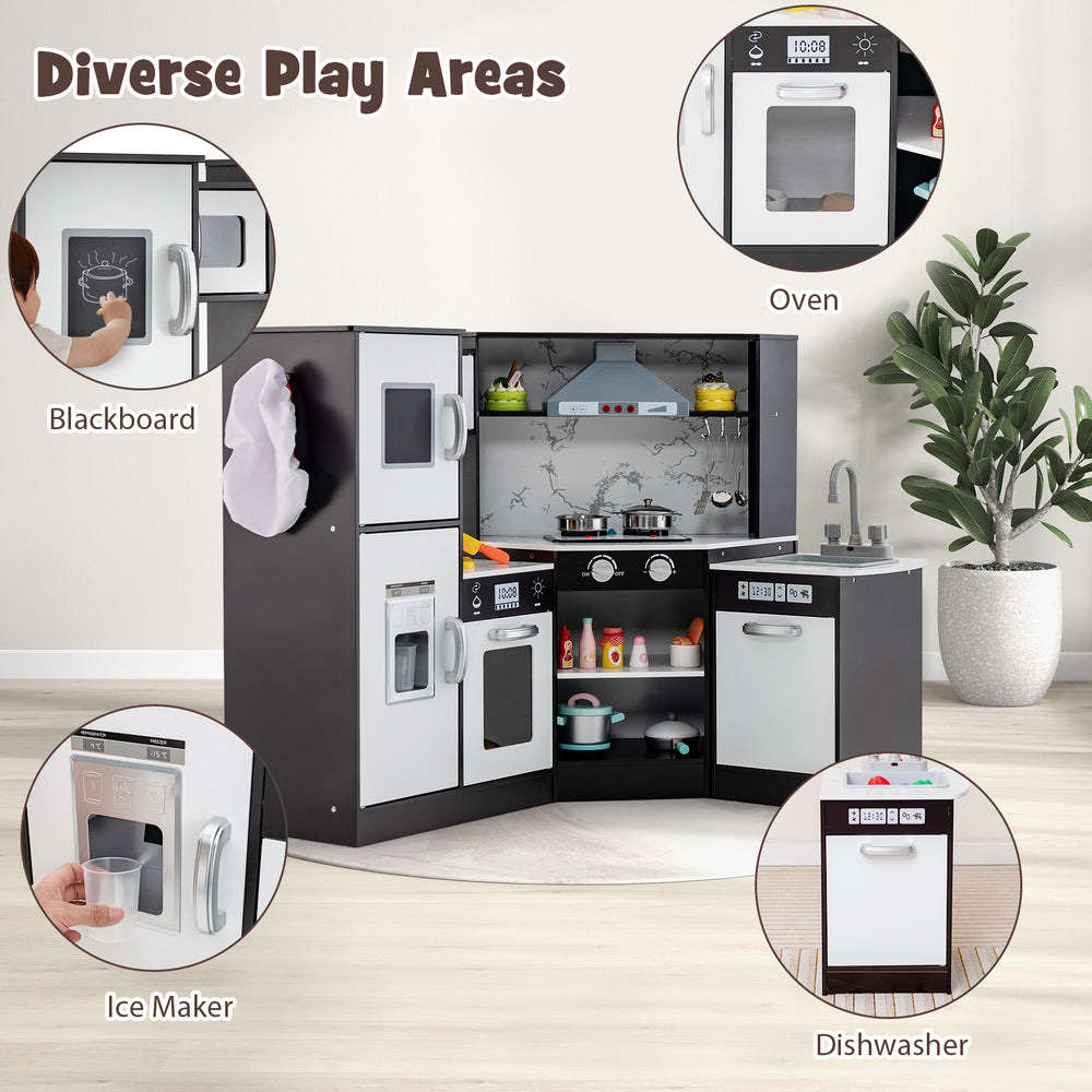 Kids Corner Pretend Kitchen Playset featuring a washing basin, oven, and blackboard for imaginative play and creativity.