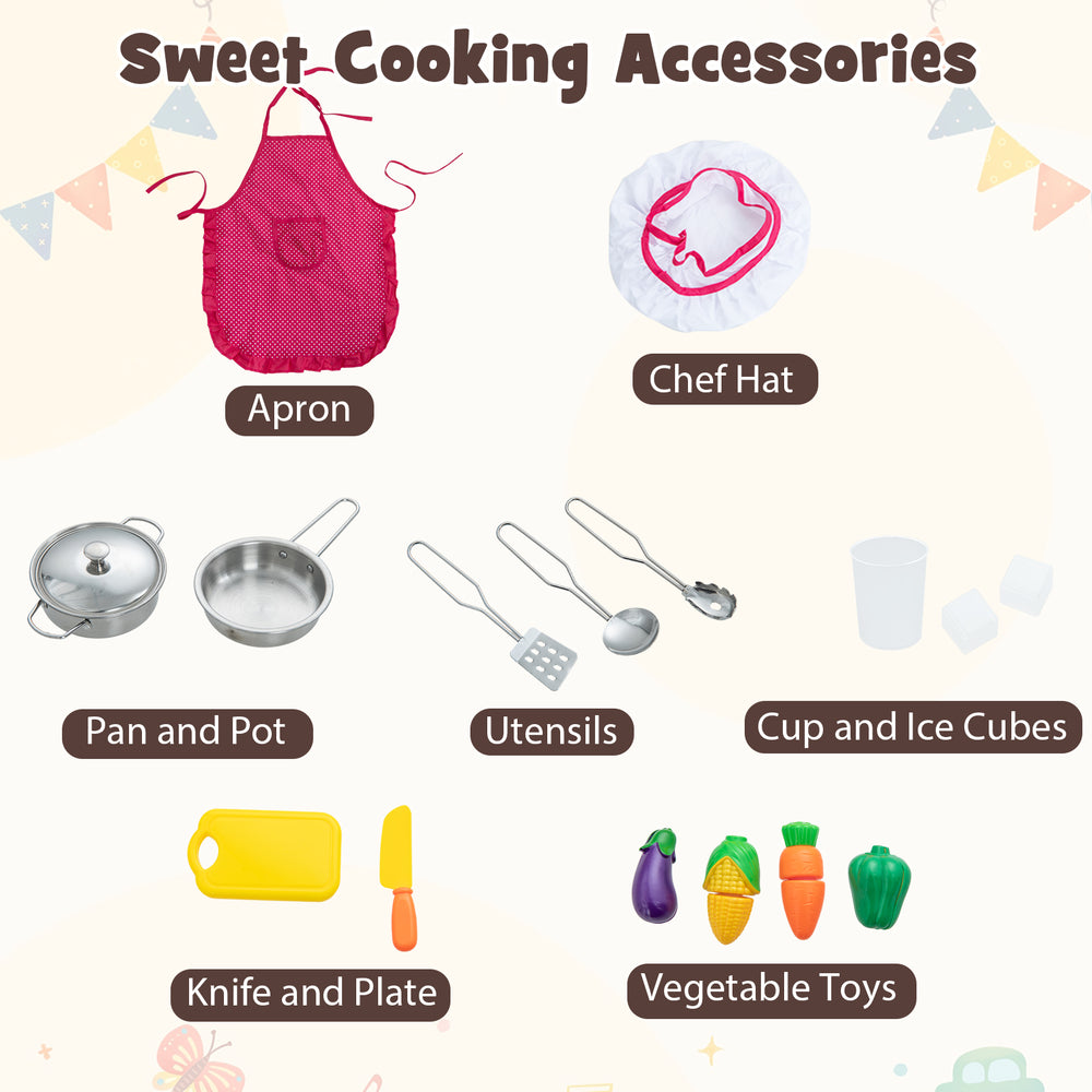 Kids Corner Pretend Kitchen Playset with apron, chef hat, utensils, and colorful vegetable toys for imaginative play.