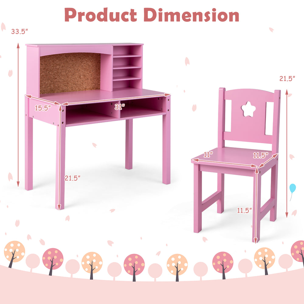 Kids desk and chair set in pink with hutch and bulletin board, featuring ample storage for books and notes.