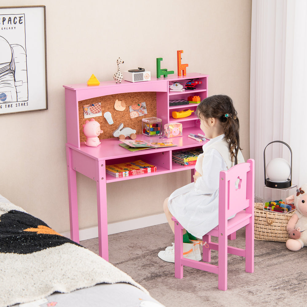 Kids pink desk and chair set with hutch and bulletin board, featuring ample storage for books and art supplies.