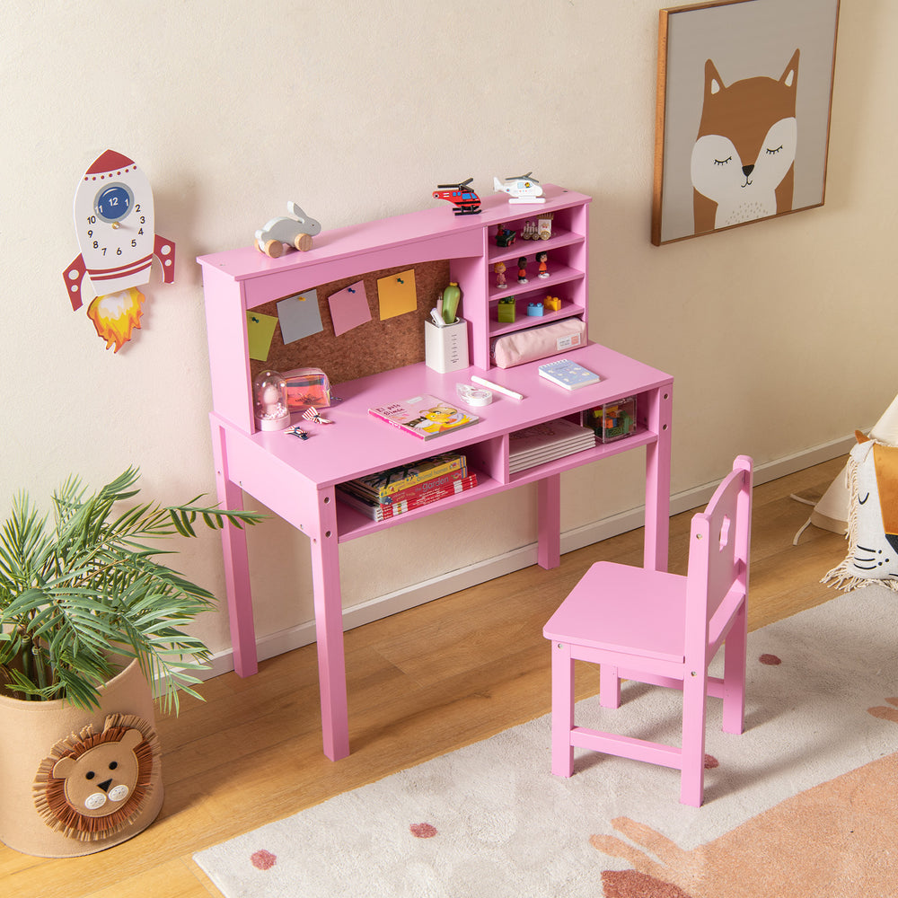 Kids Desk and Chair Set with Hutch and Bulletin Board for 3+ Kids-Pink - Gallery View 1 of 10