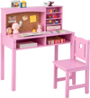 Kids pink desk and chair set with hutch and bulletin board, featuring ample storage for books and supplies.