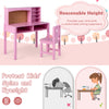 Kids desk and chair set in pink with hutch and bulletin board, ideal for studying and organizing kids' belongings.