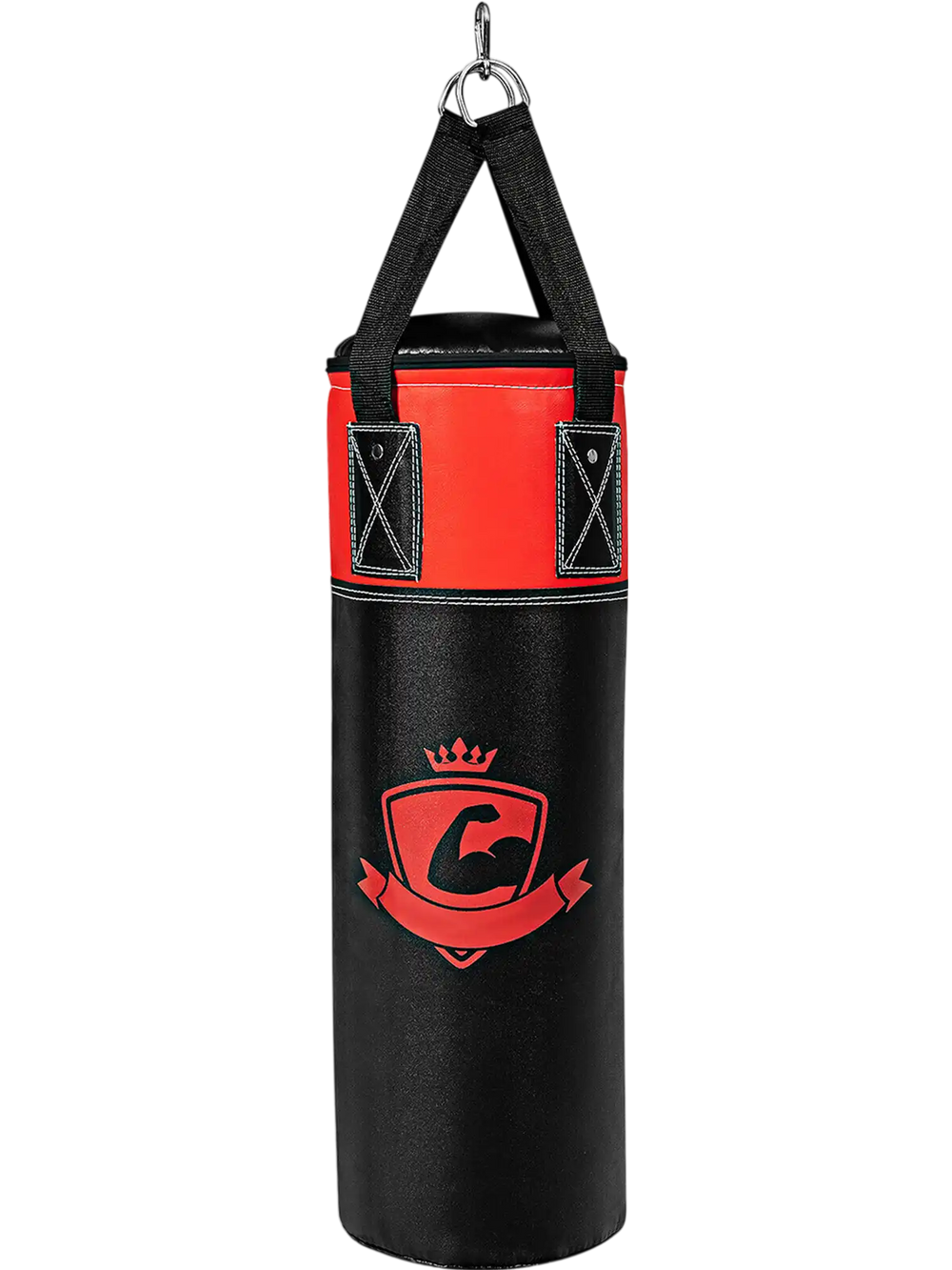 Kids hanging punching bag set in black and red, designed for training Karate and Taekwondo, includes gloves and durable.