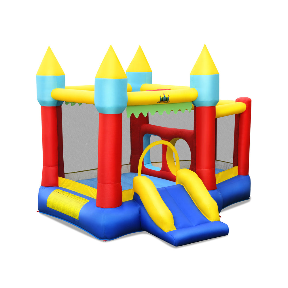 Colorful inflatable bouncer with slide and mesh walls, includes basketball and ocean balls, for kids aged 3-10.