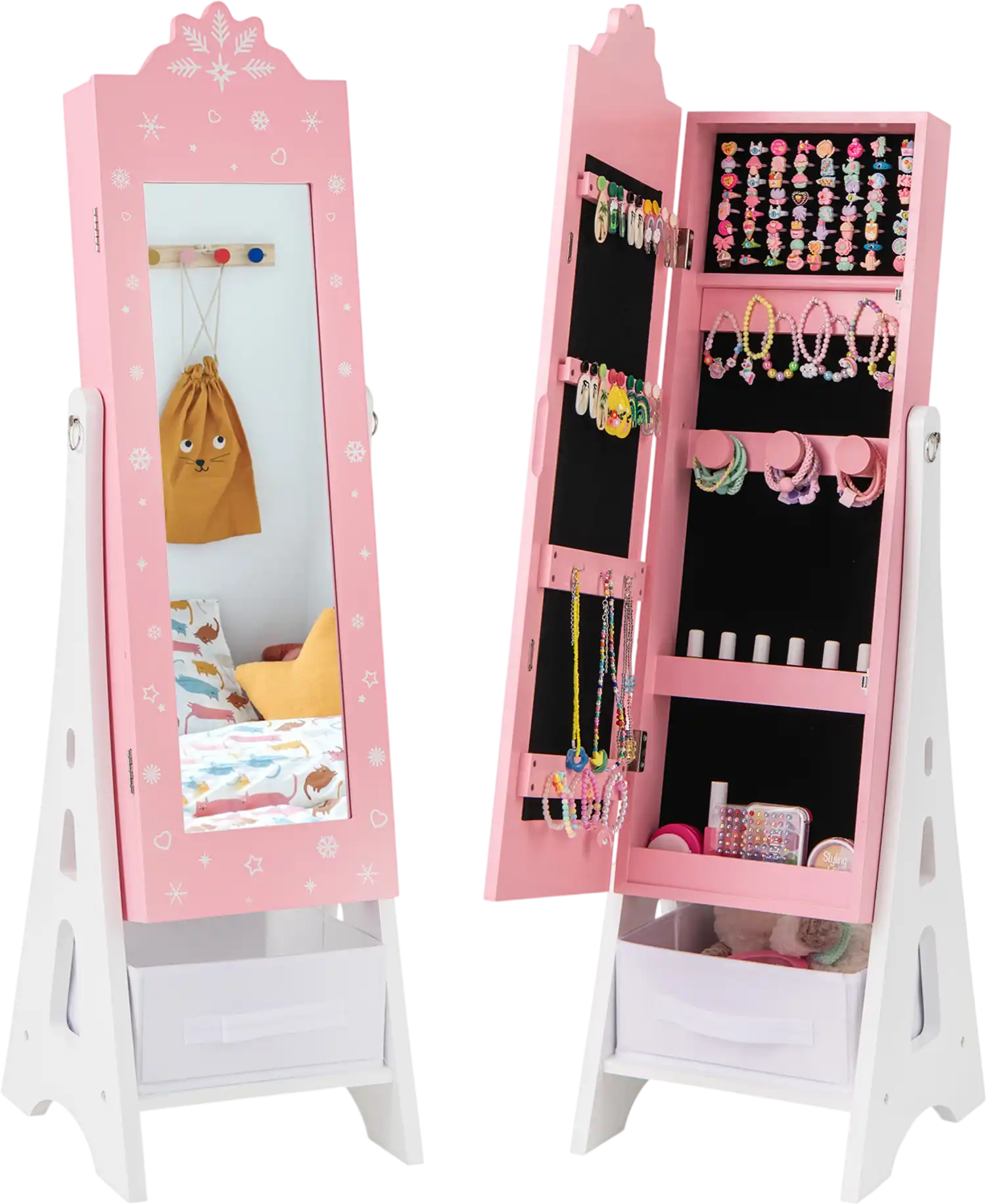 Costway Kids Jewelry Cabinet Full-Length Mirror Foldable Drawer 21536894 New
