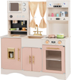 Kids kitchen playset in pink featuring a microwave, coffee maker, and sink, ideal for imaginative play and storage.