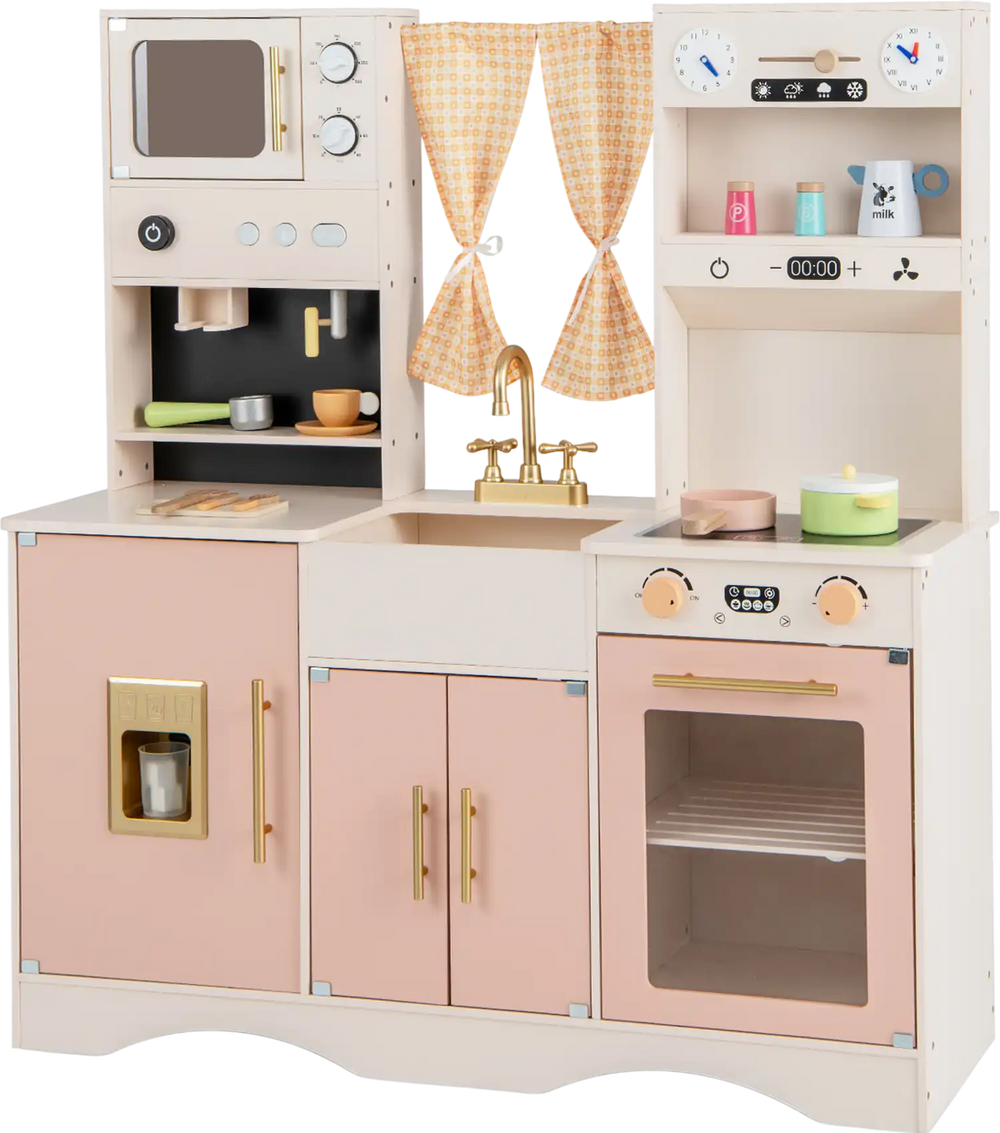 Kids kitchen playset in pink featuring a microwave, coffee maker, and sink, ideal for imaginative play and storage.
