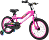 16-inch pink kids bike with training wheels, LED lights, adjustable seat, and hand brake for ages 4-7 years.