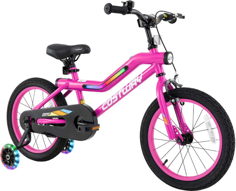 16-inch pink kids bike with training wheels, LED lights, adjustable seat, and hand brake for ages 4-7 years.