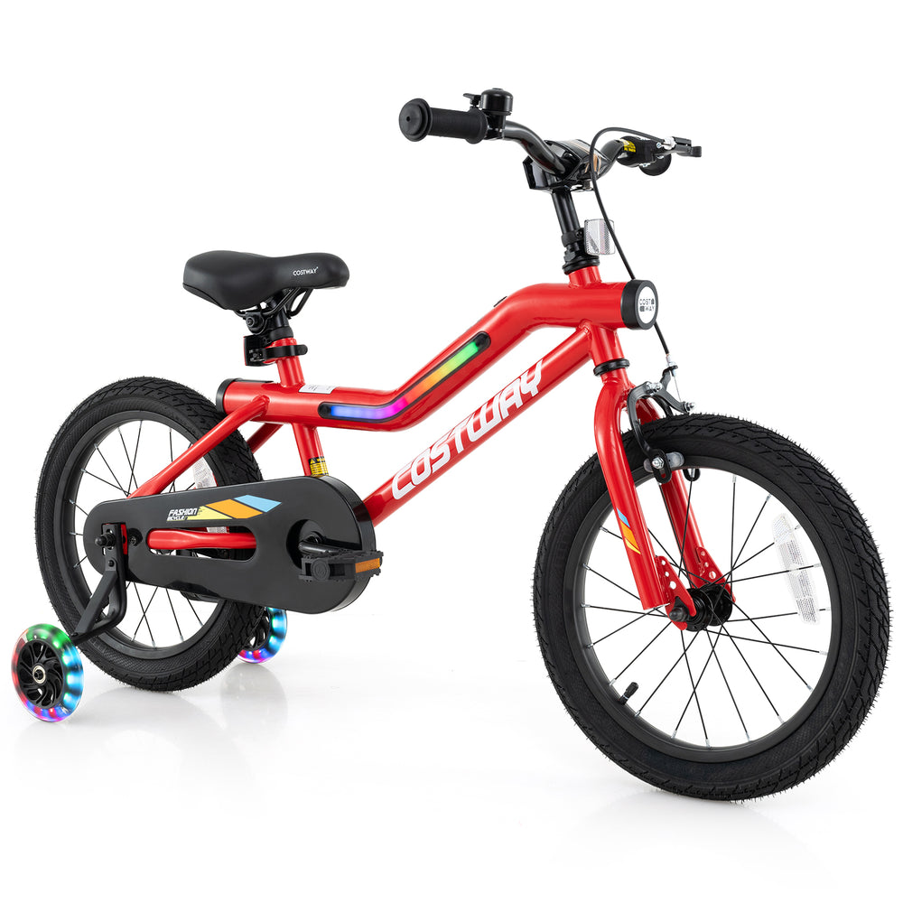 16-inch kids bike in red with LED lights, carbon steel frame, adjustable seat, and training wheels for ages 4-7.