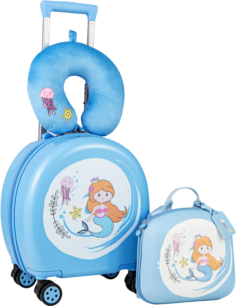 Kids luggage set featuring a 14" hardside spinner suitcase and 10" backpack in blue with mermaid design, perfect for.