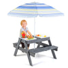 Gray kids picnic table set with three removable bins, featuring a child enjoying creative play under the adjustable.
