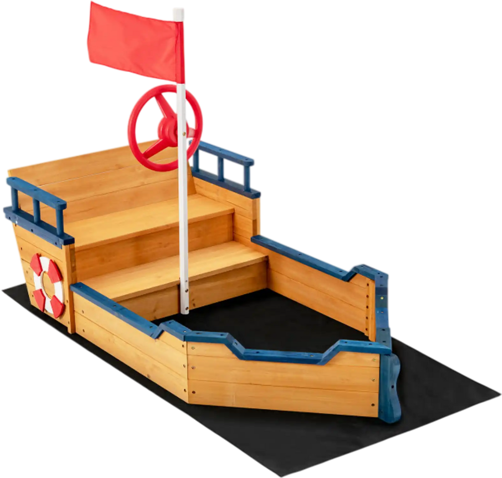 Kids Pirate Boat Wooden Sandbox Children Outdoor Playset