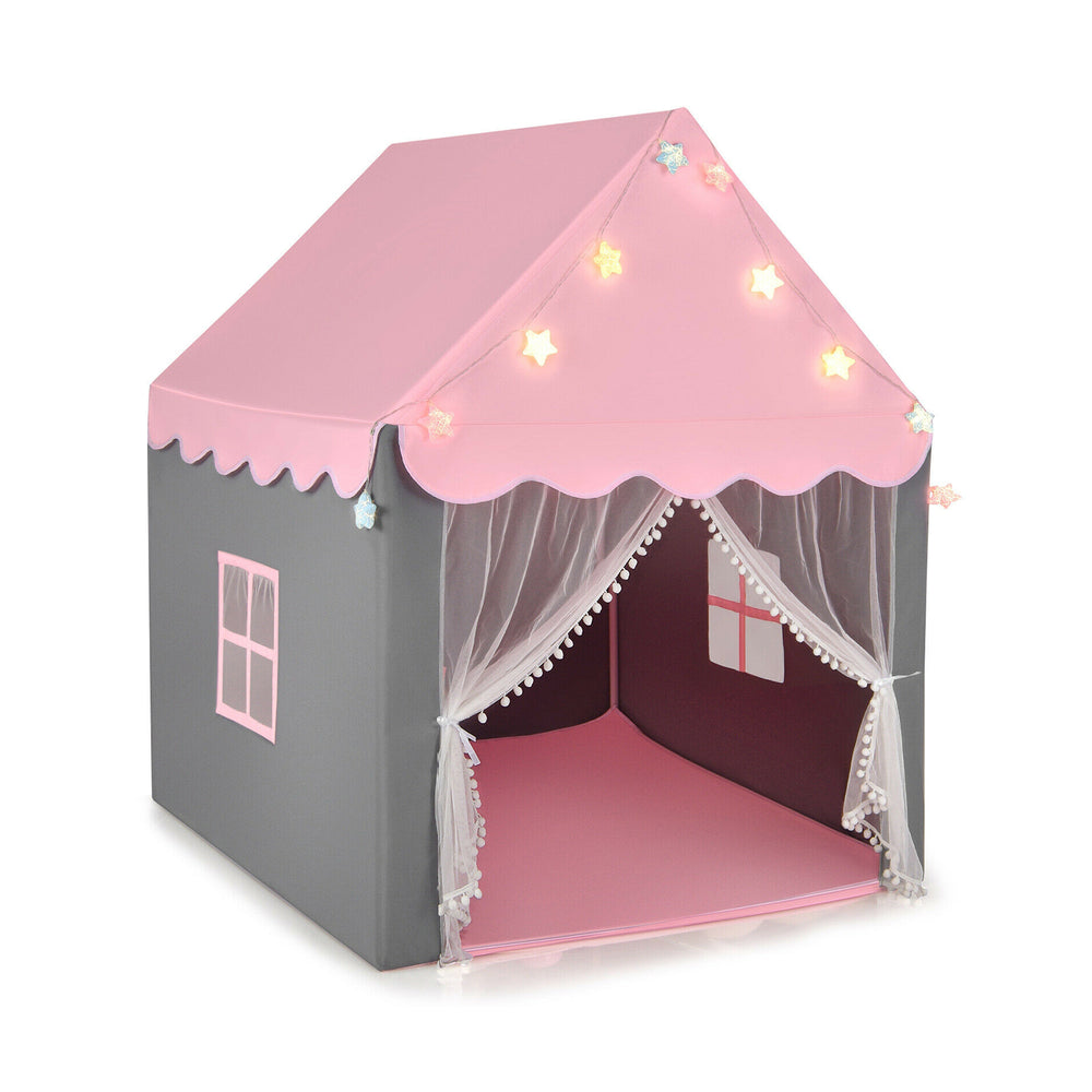 Kids playhouse tent in pink with star lights, mesh windows, and a comfortable mat for indoor fun and play.
