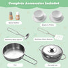 Complete accessory set for kids' kitchen playset, including stainless steel pan, pot with lid, bowls, and utensils.