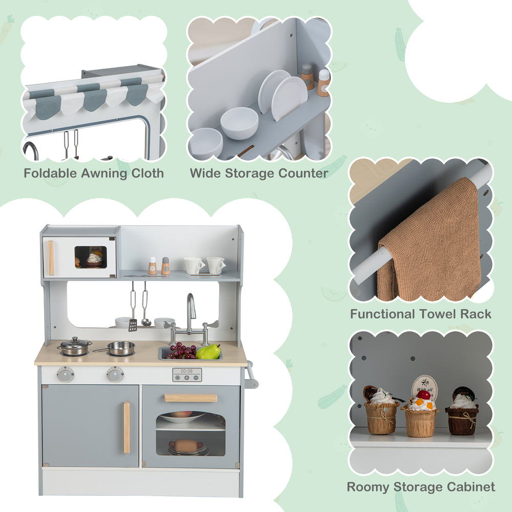 Double-sided kids pretend kitchen playset in cafe-gray with spacious storage, realistic cooking features, and foldable.
