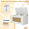 Kids rattan toy storage box with flip top lid and safety hinge, ideal for organizing toys in kids' rooms or playrooms.