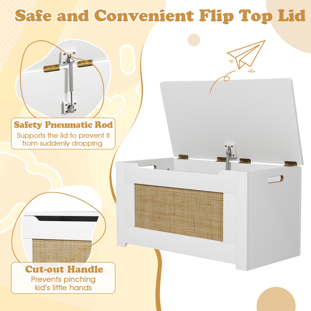 Kids rattan toy storage box with flip top lid and safety hinge, ideal for organizing toys in kids' rooms or playrooms.