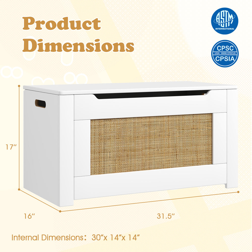 Kids rattan toy storage box with flip top lid, safety hinge, and cut-out handles, ideal for organizing children's items.
