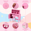 Kids study desk and chair set in pink with hutch, storage cabinet, and anti-collision round corners for safe use.