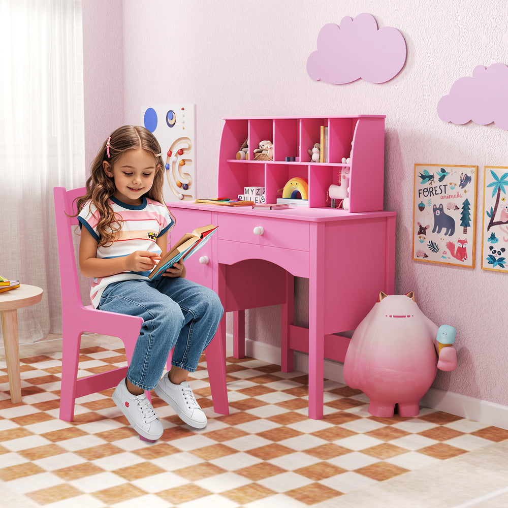 Kids study desk and chair set in pink with hutch, storage cabinet, and ergonomic chair for learning and drawing.
