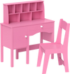 Side view of the pink kids study desk showcasing the smooth edges and ample storage space with a drawer and hutch.