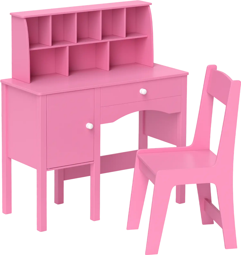 Side view of the pink kids study desk showcasing the smooth edges and ample storage space with a drawer and hutch.
