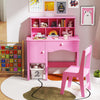 Bright pink kids study desk with hutch and storage, featuring round corners for safety, perfect for ages 3 and up.