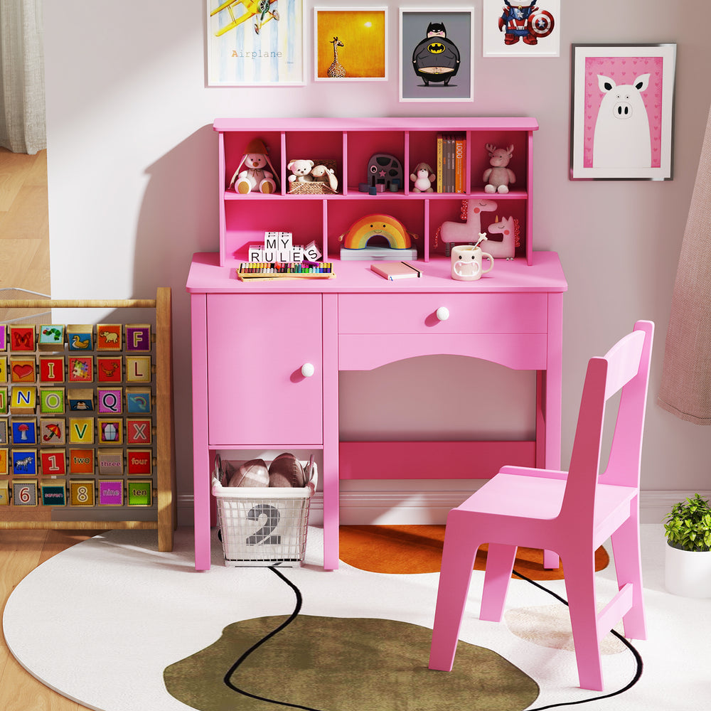 Bright pink kids study desk with hutch and storage, featuring round corners for safety, perfect for ages 3 and up.