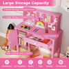 Kids study desk in pink featuring ample storage with compartments, drawer, and side cabinet for organizing supplies.