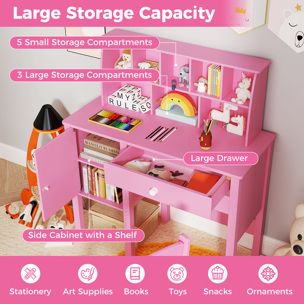 Kids study desk in pink featuring ample storage with compartments, drawer, and side cabinet for organizing supplies.