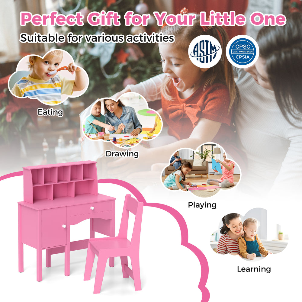 Kids study desk and chair set in pink with storage hutch, perfect for drawing, learning, and playing activities.