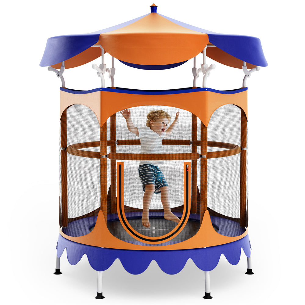 Kids trampoline with detachable orange canopy and safety enclosure net, designed for indoor and outdoor fun.
