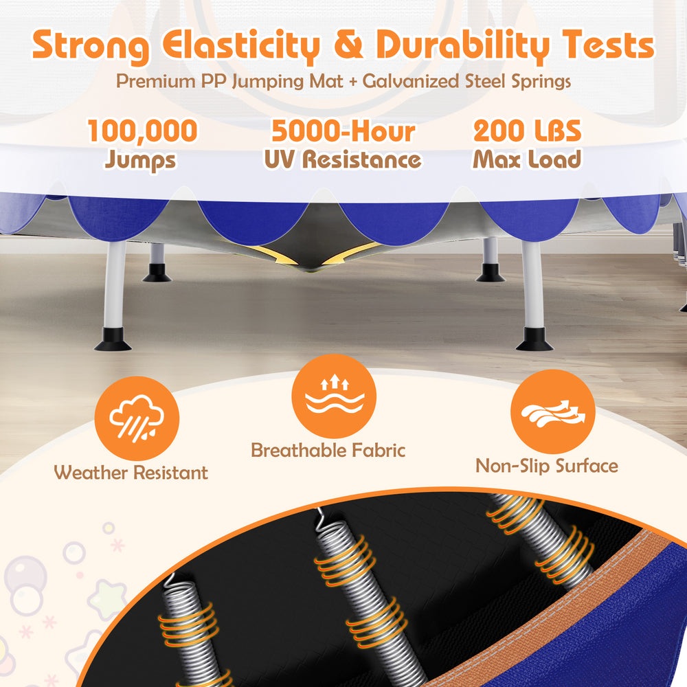 64-inch kids trampoline with detachable orange canopy, safety enclosure net, and durable PP jumping mat for outdoor fun.