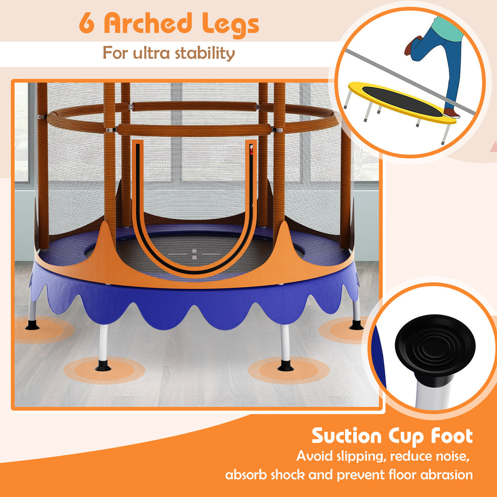 64-inch kids trampoline in orange with detachable canopy, safety enclosure net, and 6 arched legs for stability.