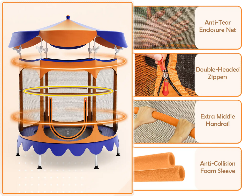 64-inch kids trampoline in orange with detachable canopy, safety enclosure net, and foam-wrapped handrail for secure.