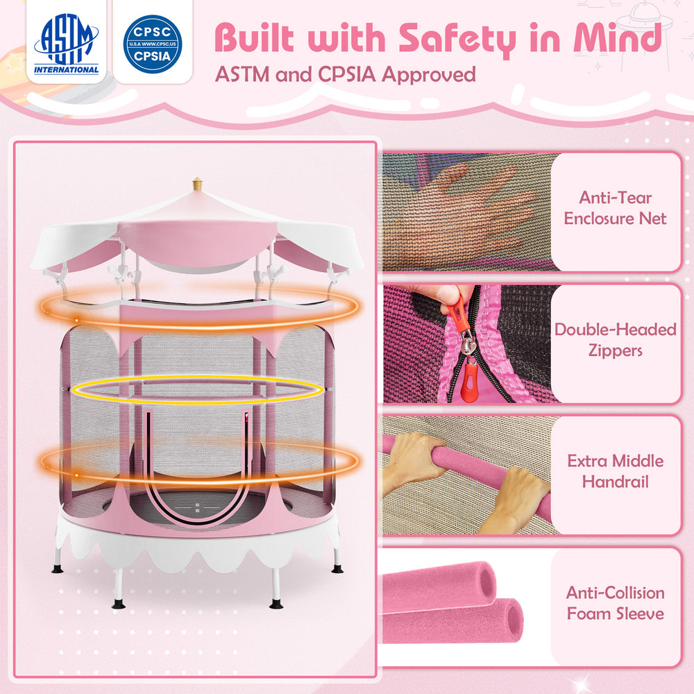 64 Inch Kids Trampoline with Detachable Canopy and Safety Enclosure Net-Pink - Gallery View 1 of 8