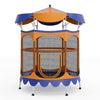64-inch kids trampoline with detachable orange canopy and safety enclosure net for indoor and outdoor fun.