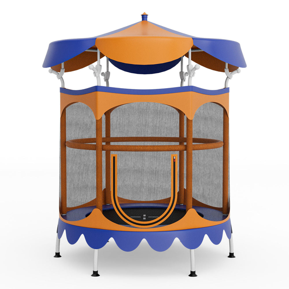 64-inch kids trampoline with detachable orange canopy and safety enclosure net for indoor and outdoor fun.