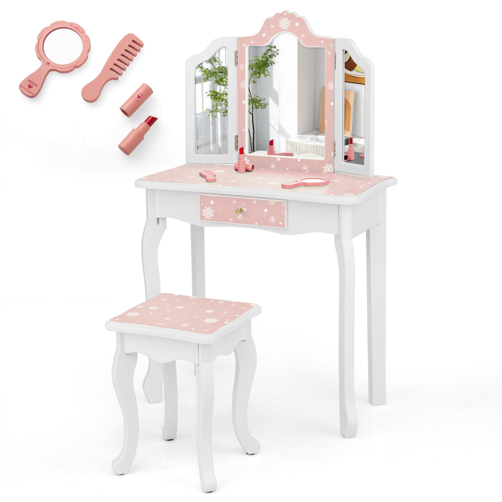 Princess Pretend Play Makeup Table and Stool Set with Tri-folding Mirror-Pink - Gallery View 1 of 3