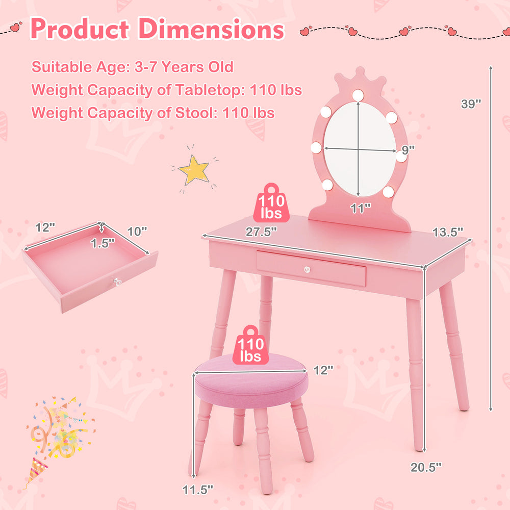 Kids vanity set in pink with lighted mirror, spacious drawer, and sturdy stool for ages 3-7, ideal for playrooms.