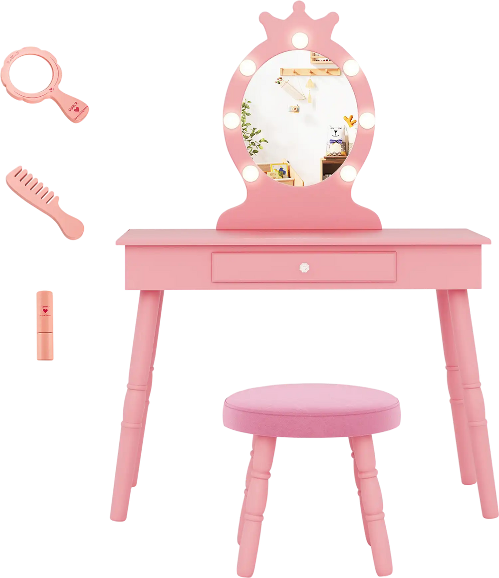 Kids vanity set in pink with lighted mirror, adjustable brightness, large drawer, and soft padded stool for fun and.