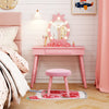 Kids vanity set in pink with lighted mirror, large drawer, and padded stool, perfect for bedroom or playroom use.