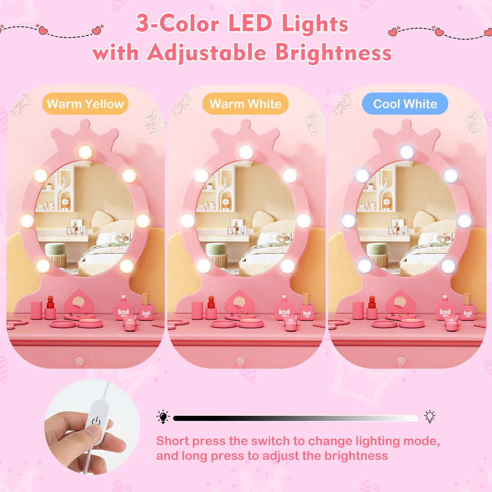 Kids vanity set in pink featuring a lighted mirror with adjustable brightness and a spacious drawer for storage.