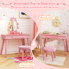 Kids vanity set in pink with detachable top, LED mirror, and large drawer, perfect for writing or makeup in a playroom.