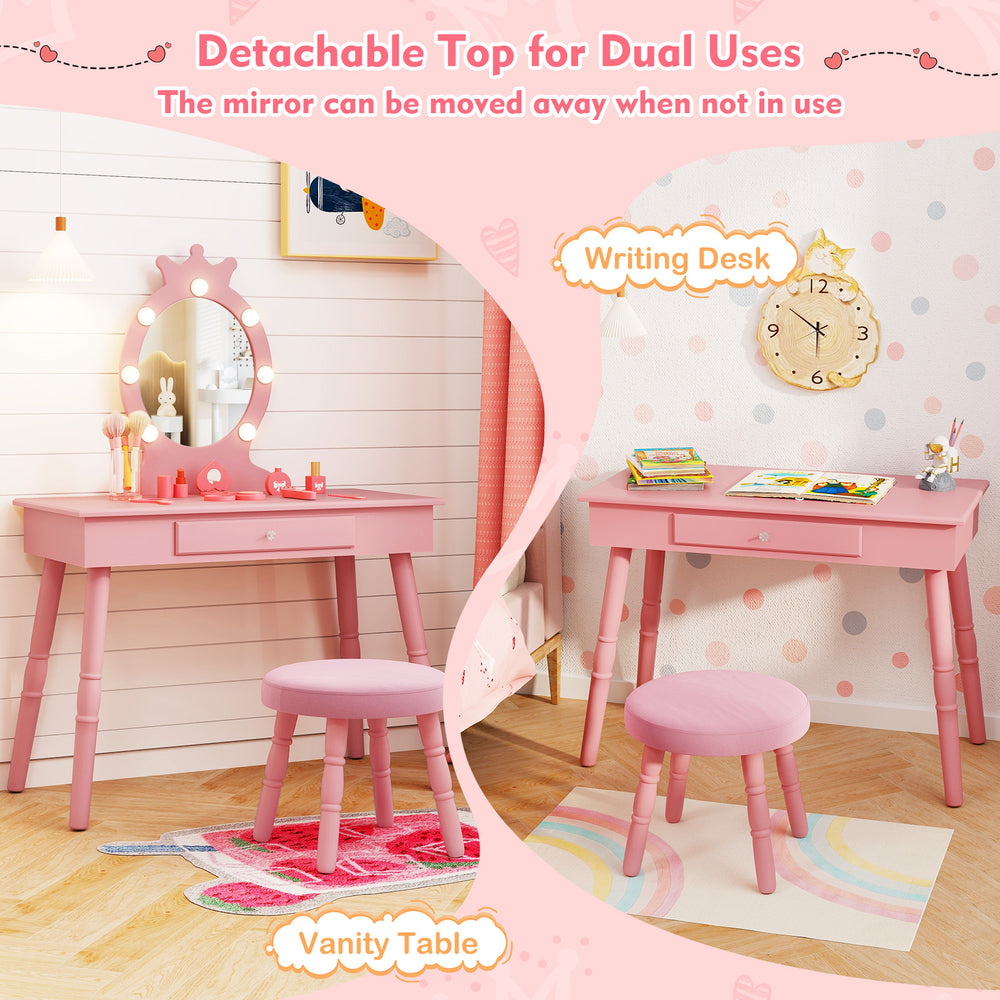 Kids vanity set in pink with detachable top, LED mirror, and large drawer, perfect for writing or makeup in a playroom.